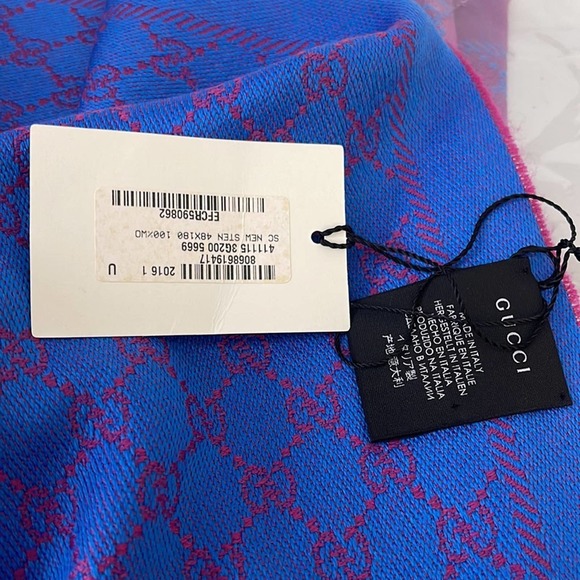 Gucci Sten GG Purple and Blue Fringed Wool Scarf NWT - Picture 5 of 5